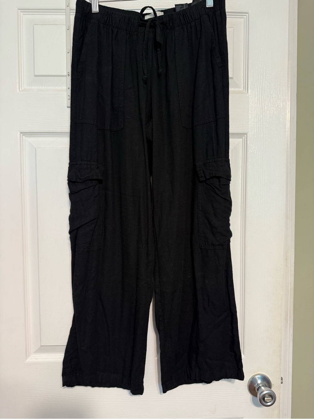 H&M Black Linen Cargo Pants with Drawstring Waist